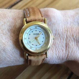 Guess Watch Cognac Croc Band Gold Face Pearlized